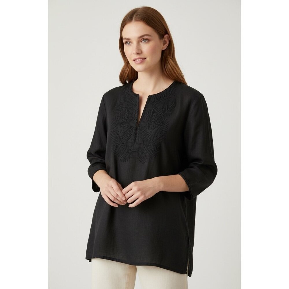 Lauren Ralph Lauren Black Linen Embroidered Tunic Top Relaxed Fit Size M